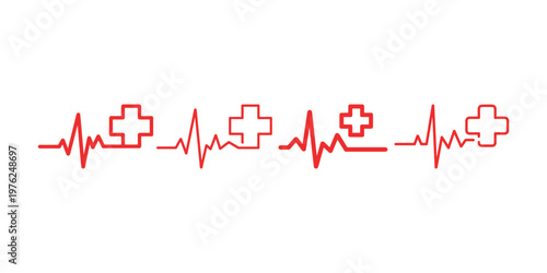 Red heartbeat line and medical cross icons set representing emergency health services cardiology monitoring vital signs and clinical healthcare assistance