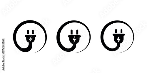 Electric plug in swirl power symbol energy connection electricity source lightning bolt icon technology innovation energy saving concept