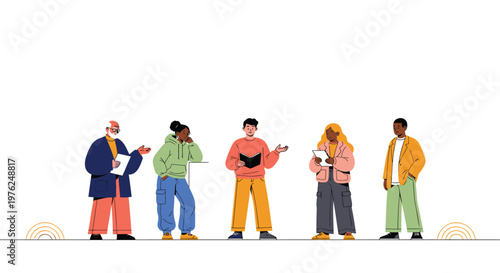Diverse people standing in line, colorful flat illustration, social scene, crowd of five persons