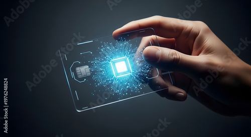 Hand holding futuristic transparent credit card with digital chip technology.