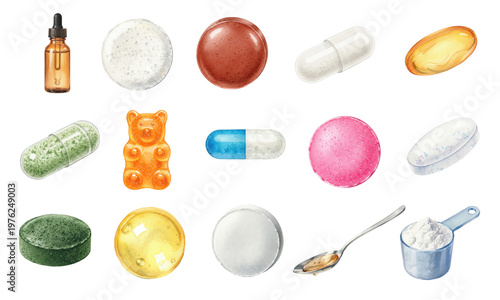 Photos Watercolor vitamins and dietary supplements collection set