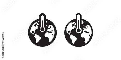 Two globe icons featuring a thermometer indicating rising temperatures, symbolizing global warming and climate change issues
