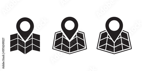 Set of three map pointer icons with folded map illustration on white background, navigation concept, location service, travel destination search graphic