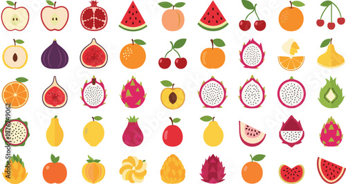 Big Fruits Collection Set with Apple, Orange, Watermelon, Dragon Fruit, Pineapple, Fig, Lemon and More Colorful Flat Vector Illustrations for Healthy Food Design.
