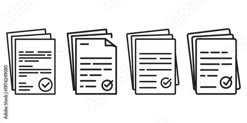 Four documents with checkmark icon, business papers with approved stamp, legal contracts, forms and reports confirmation, success symbol on white background
