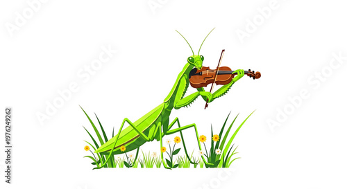 A cartoon green praying mantis playing a violin in a field of grass and flowers