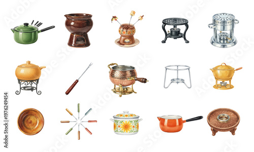 Vintage 1970s fondue set collection with pots and forks