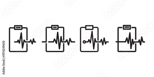 Heartbeat pulse medical report on clipboard vector icon set, cardiogram on document outline style illustration, healthcare record