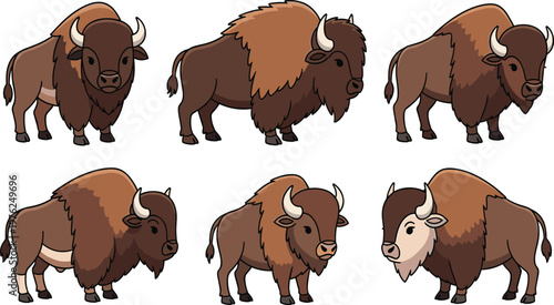 Bison Cartoon Collection with Different Poses Cute Wild Animal Flat Vector Illustrations for Kids Design, Wildlife and Nature Projects.