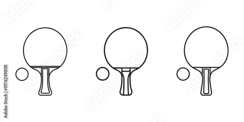 Ping pong racket and ball vector icon set, table tennis paddle, sports equipment outline, game accessory, minimal design
