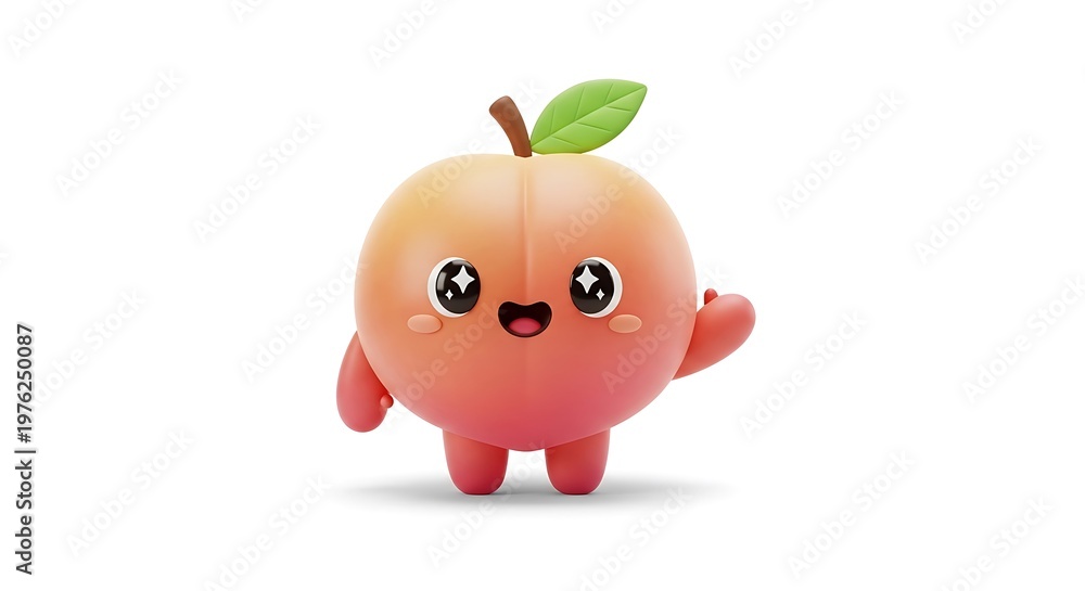 Fototapeta premium A cheerful cartoon peach character with expressive eyes, leaf, stem, and small arms, waving and smiling, on a white backdrop