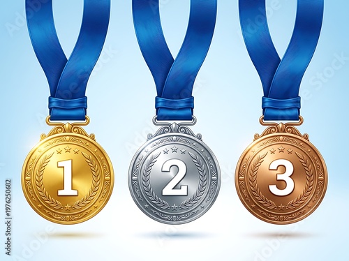 Gold silver and bronze medals with blue ribbons on light blue background  awards for first second and third place winners