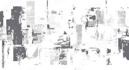 Gray distressed newspaper collage with torn pages and text fragments on white background grunge
