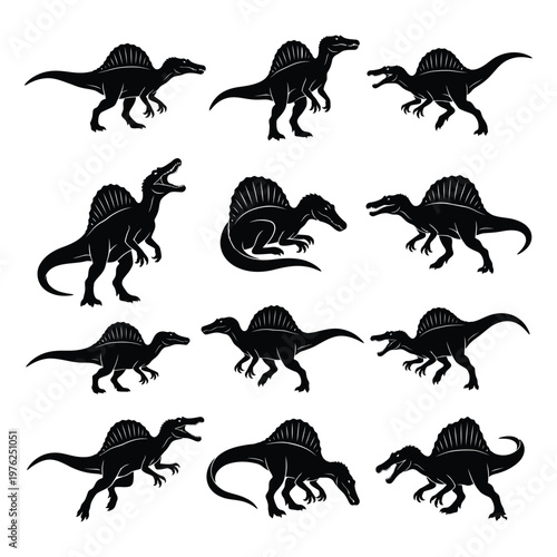 Spinosaurus Dinosaur Silhouette Set, 9 Different Poses for Tattoo Design and Vector Graphics