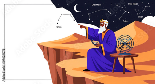 An ancient astronomer sitting on a cliff, pointing at the stars and constellations in the night sky with a astrolabe beside him.