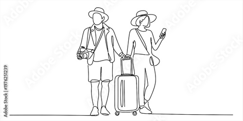 A line art illustration of a traveling couple standing together with luggage and a camera gear Vector, illustration