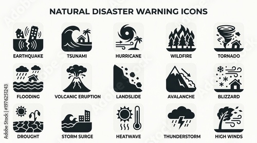 Collection of diverse natural disaster warning icons for emergency alerts and safety information