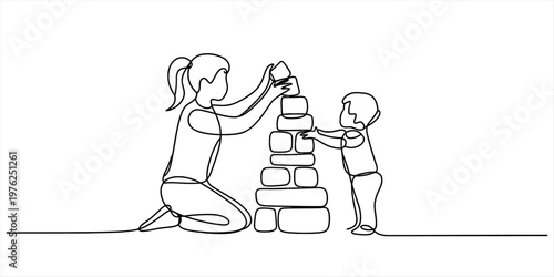 A single continuous line drawing of a mother and her child building a tower with colorful blocks Vector, illustration