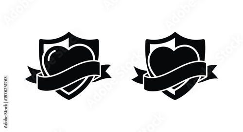 Two black heart shields with ribbons on transparent background silhouette
