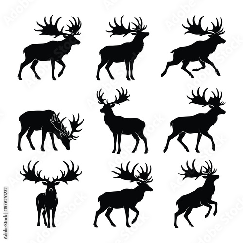 Quadro su tela Irish Elk Silhouette Vector Set - 9 Extinct Megaloceros Giant Deer Poses for Tat