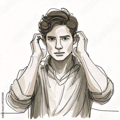 Young man covering ears with hands looking concerned.