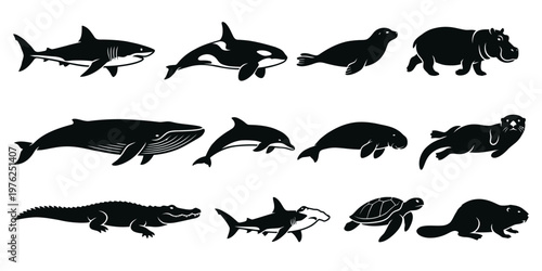 Aquatic and Marine Animal Silhouette Vector Icon Set, Ocean Creature Profile Collection Bundle