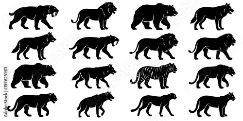 Wild Predator and Carnivore Animal Silhouette Vector Set, Big Cats Bear and Wolf Collection Pack with Text