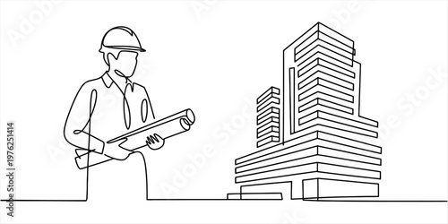 Canvas Print A minimalist single line drawing of an engineer holding blueprints in front of a