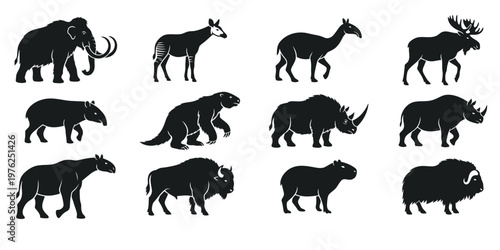 Herbivore Mammals Silhouette Vector Icon Set, Prehistoric Mammoth and Wild Animal Profile Bundle