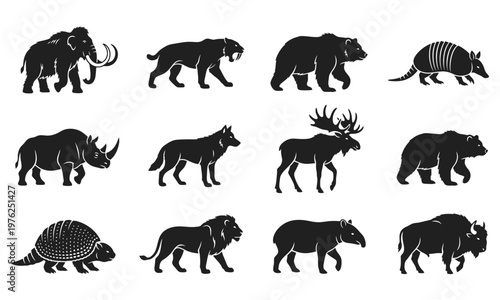 Prehistoric and Wild Animal Silhouette Vector Icon Set, Ice Age Mammals and Predators Megafauna Collection