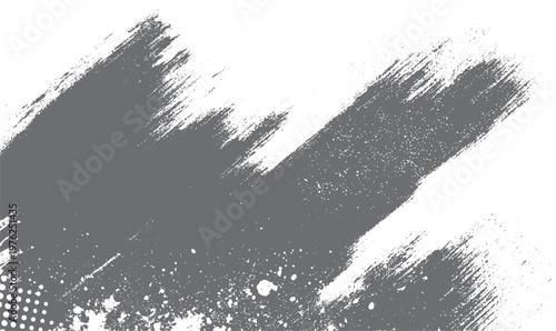Gray abstract paint brush strokes and splatter on white background with halftone dots texture grunge