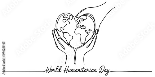 A single continuous line drawing of hands cradling a heart shaped globe for world humanitarian day Vector, illustration