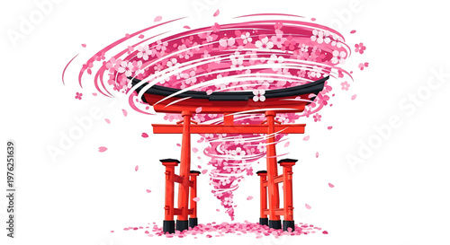 A vibrant illustration of a Japanese torii gate surrounded by swirling cherry blossoms and petals in a dynamic, abstract design.