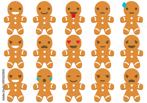 Gingerbread man cookie emoji set with various facial expressions