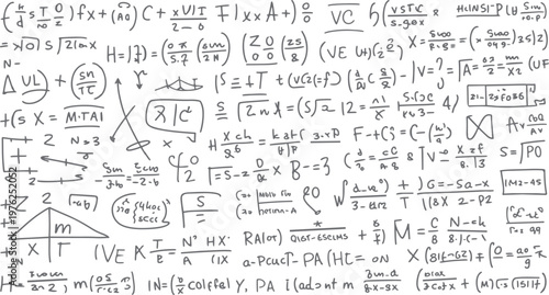 Hand drawn complex mathematical equations and formulas scattered across a white background mathematics 1