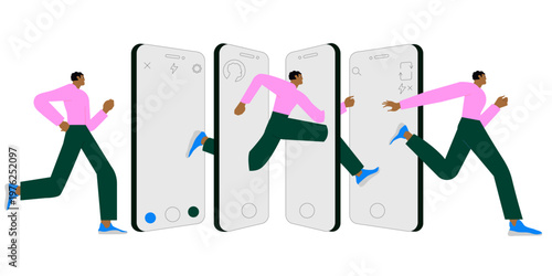 Dynamic illustration of a person running through multiple smartphone screens, symbolizing app navigation, digital workflow, and fast-paced mobile interaction.