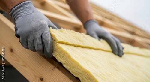 Hands installing insulation material during roof repair project. Carefully placing yellow insulation on wooden beams, ensuring effective coverage for energy efficiency.