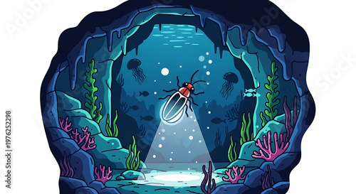 A vibrant illustration of a firefly swimming in an underwater cave surrounded by coral and seaweed