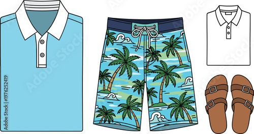 Summer vacation outfit featuring a light blue polo shirt, palm tree swim trunks, white polo shirt, and sandals.
