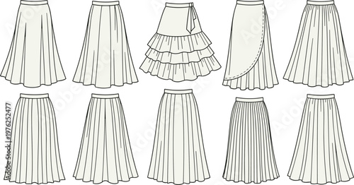 Collection of elegant white skirts with various designs and pleats.