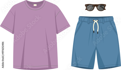 Casual summer outfit with purple t-shirt, blue shorts and sunglasses.