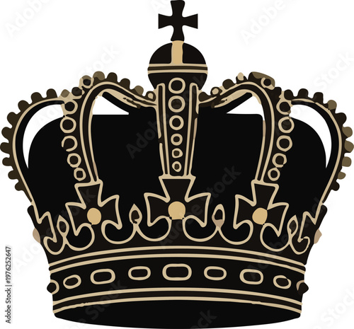 Royal crown silhouette with vintage gold outlines and cross, heraldic imperial king or queen headwear vector illustration