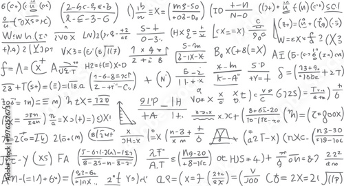 Hand drawn mathematical equations and formulas on a white background with gray ink mathematics science