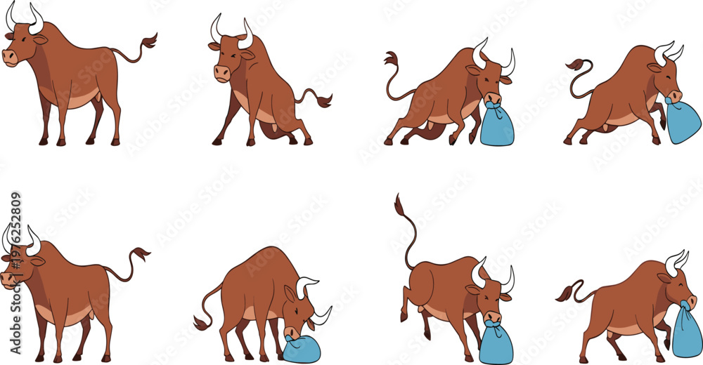 Obraz premium Bull Cartoon Collection with Running, Standing and Sack Carrying Poses Cute Farm Animal Flat Vector Illustrations for Kids Design and Storytelling Projects.