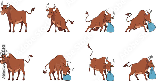 Bull Cartoon Collection with Running, Standing and Sack Carrying Poses Cute Farm Animal Flat Vector Illustrations for Kids Design and Storytelling Projects.