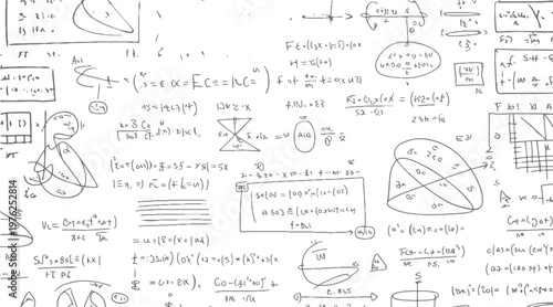 Hand drawn complex mathematical equations and diagrams on a white background with gray lines mathematics