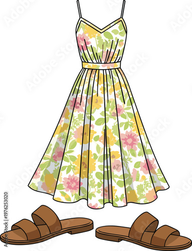 Summer dress and sandals outfit, light floral print spaghetti strap midi dress and brown flip flops.