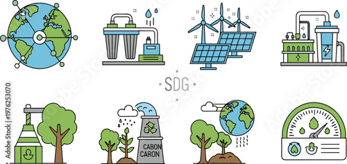 Sustainable Development Goals (SDG) Eco-Friendly Energy and Environmental Protection Illustration Featuring Wind Solar Water Carbon and Green Technologies