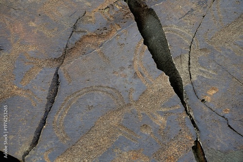 Mountain goats with unique long semicircular horns. Ancient rock carvings - Petroglyphs of Tanbaly,
Almaty Region, Zhambyl District, Matibulak Rural District District, Matibulak Rural District