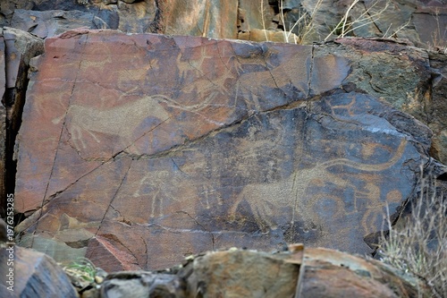 Bulls, goats, horses, people. Ancient rock carvings - Petroglyphs of Tanbaly,
Almaty Region, Zhambyl District, Matibulak Rural District District, Matibulak Rural District